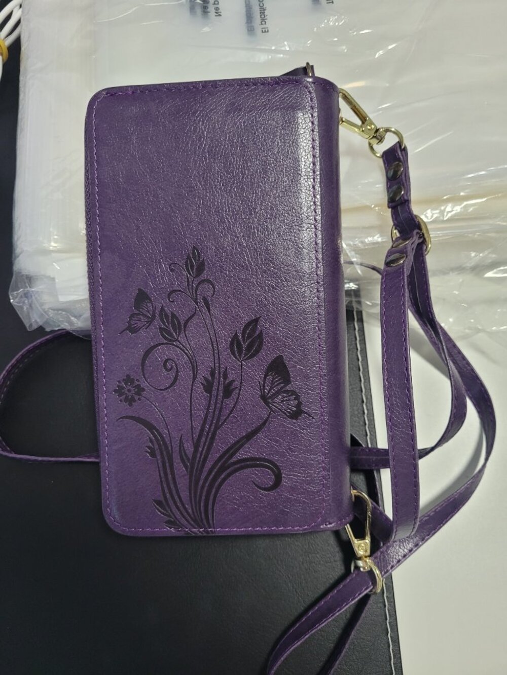 Iphone 14 Pro Max Wallet Case Crossbody Women Purple Embossed Floral Organizer